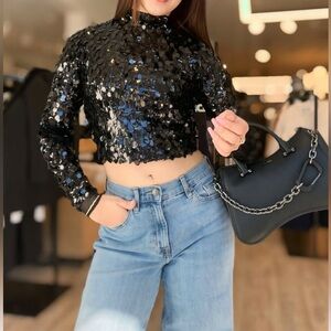 DKNY Jeans Embellished Gunmetal Black Sequin Crop Top Large